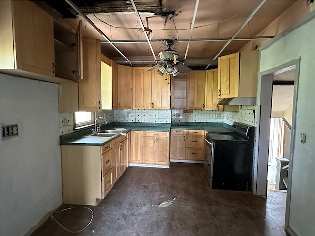 kitchen featuring black electric range oven, light brown cabinets, sink, tasteful backsplash, and ceiling fan