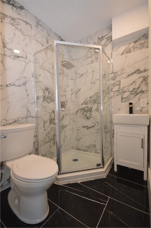 bathroom featuring toilet, an enclosed shower, and tile walls