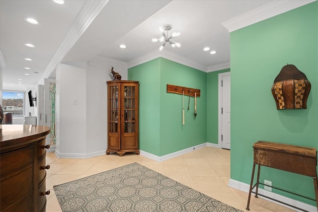 interior space with ornamental molding and a chandelier