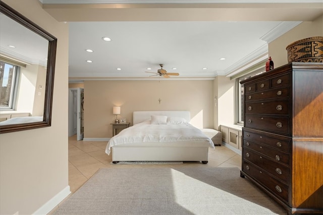 bedroom featuring ornamental molding, light tile patterned floors, and ceiling fan