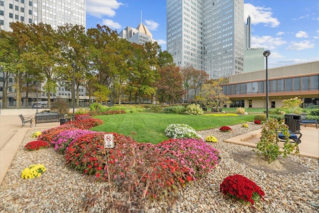 view of home's community with a patio area and a lawn