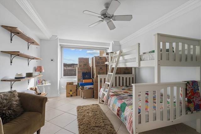 bedroom featuring ornamental molding, light tile patterned floors, and ceiling fan