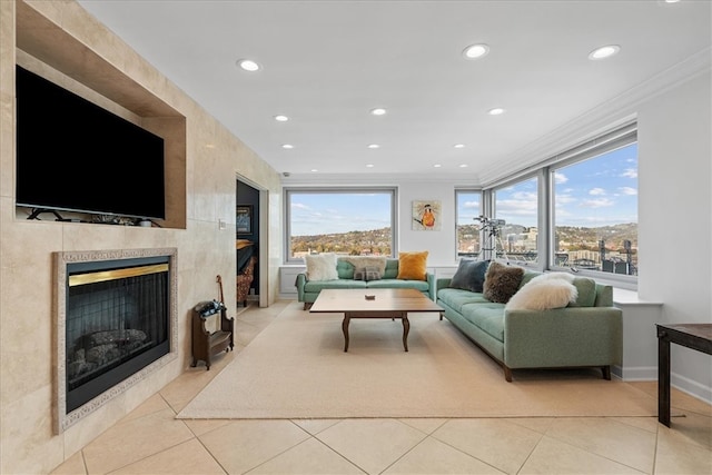 tiled living room with crown molding and a fireplace