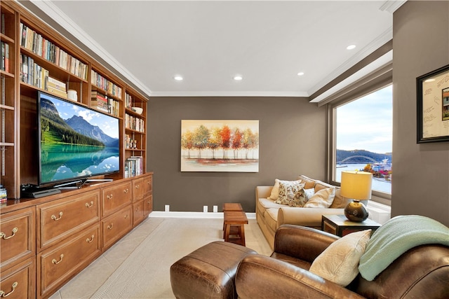 living room with crown molding and light tile patterned floors