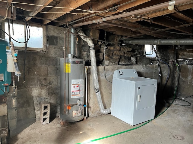 basement with washer / dryer, water heater, and plenty of natural light