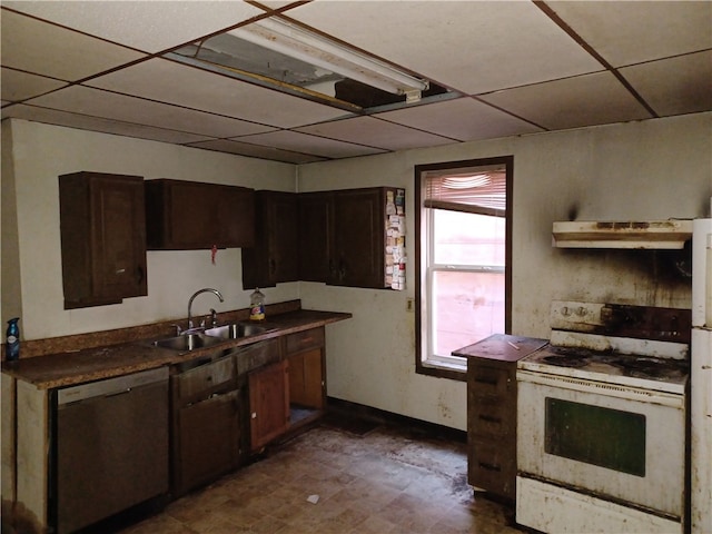 kitchen featuring a paneled ceiling, sink, electric range, stainless steel dishwasher, and exhaust hood