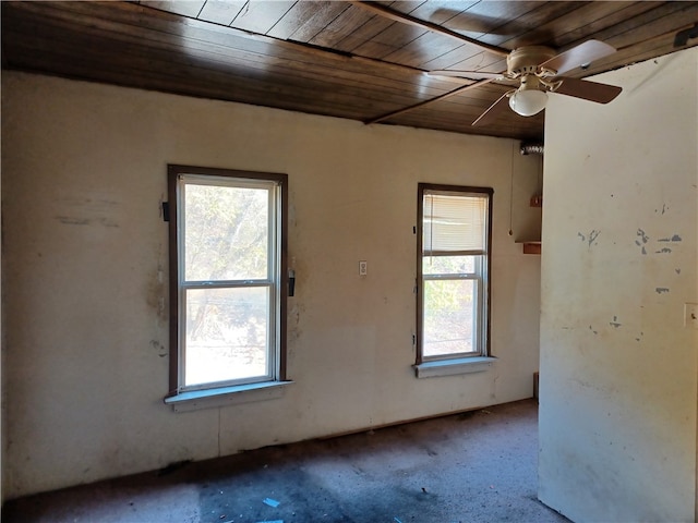 unfurnished room with wooden ceiling and ceiling fan