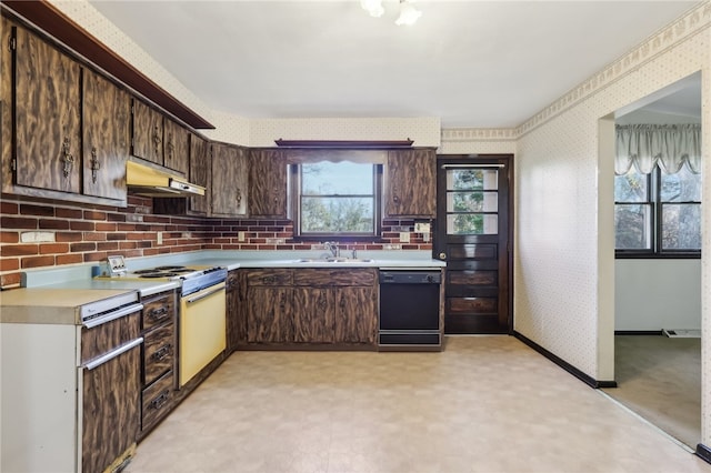 kitchen with white range, black dishwasher, dark brown cabinets, and plenty of natural light