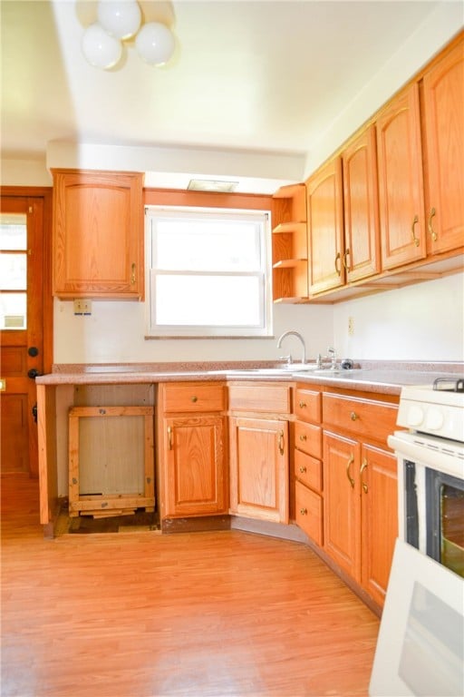 kitchen with light hardwood / wood-style floors, sink, and white electric range oven