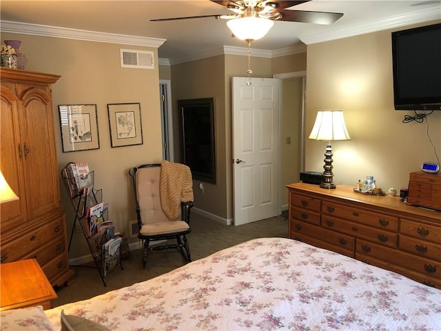bedroom featuring visible vents, baseboards, crown molding, and ceiling fan