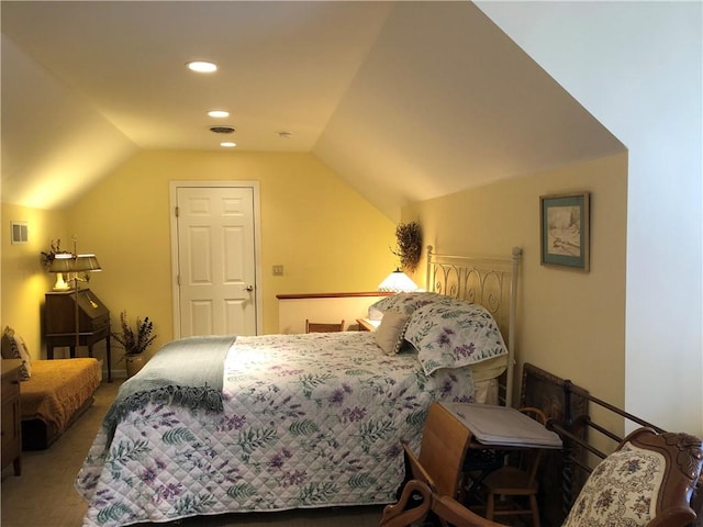carpeted bedroom with recessed lighting, visible vents, and lofted ceiling