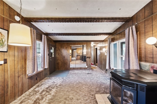 hall featuring a healthy amount of sunlight and wooden walls