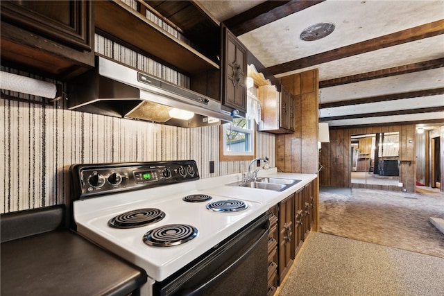 kitchen featuring beam ceiling, sink, dark brown cabinetry, and white electric stove