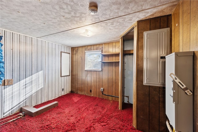 interior space featuring wood walls and carpet