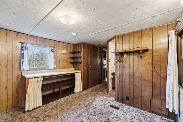 interior space with light carpet and wood walls