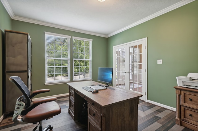 office space with ornamental molding and dark wood-type flooring