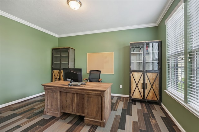 office area with crown molding and dark hardwood / wood-style flooring