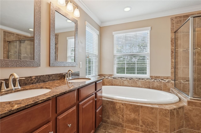 bathroom featuring vanity, plus walk in shower, ornamental molding, and tile patterned flooring