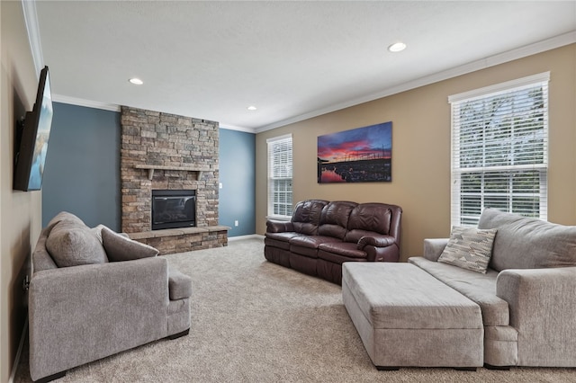 carpeted living room featuring a stone fireplace and ornamental molding