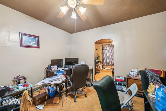 home office with ceiling fan and carpet flooring