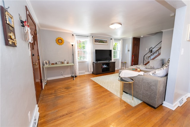 living room featuring crown molding and hardwood / wood-style flooring