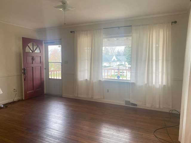 entryway featuring dark wood-type flooring, crown molding, and a healthy amount of sunlight