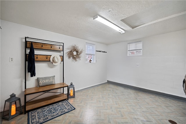 basement featuring a textured ceiling and light parquet flooring