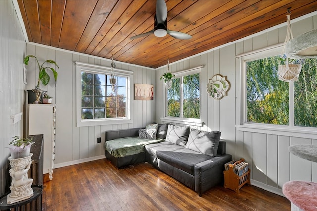 living area with wooden walls, ceiling fan, dark hardwood / wood-style floors, and wooden ceiling