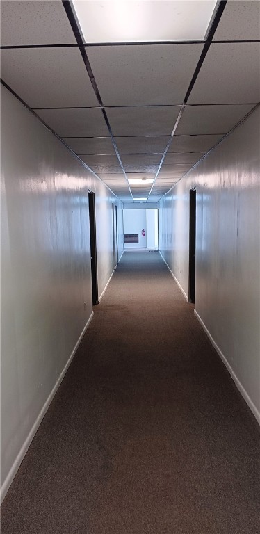 corridor with a paneled ceiling and carpet floors