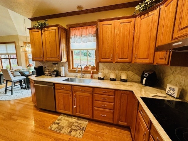 kitchen with black electric stovetop, stainless steel dishwasher, crown molding, sink, and light hardwood / wood-style floors