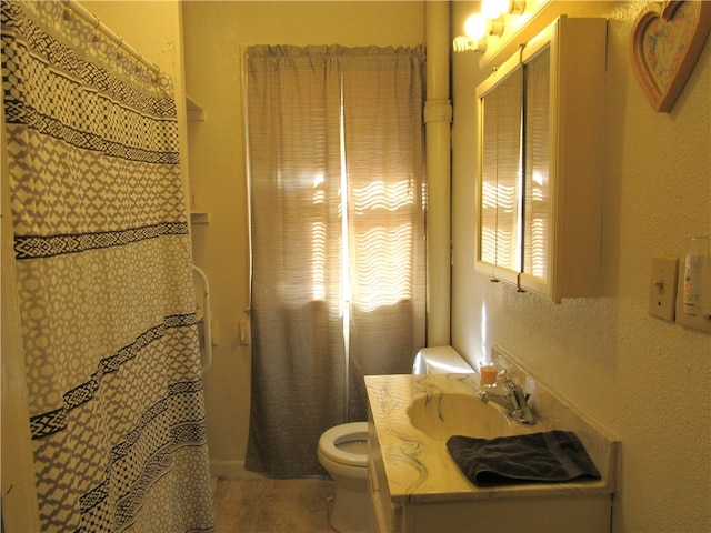 bathroom featuring vanity, curtained shower, and toilet