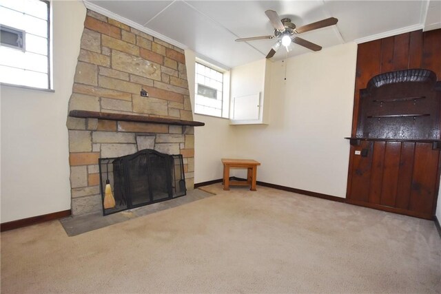3842 Lawnview Ave, Brentwood, PA 15227 - carpeted living area with a stone fireplace, ceiling fan, and baseboards