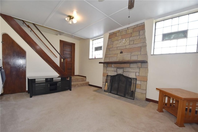 3842 Lawnview Ave, Brentwood, PA 15227 - living room featuring stairway, a fireplace, carpet floors, and baseboards