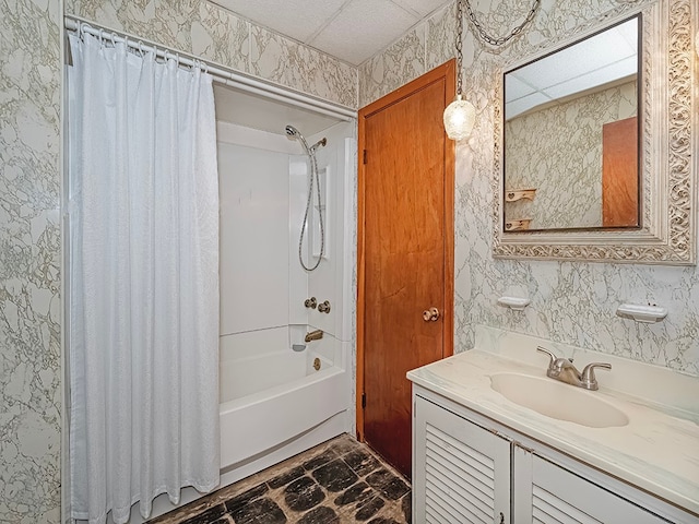 bathroom featuring vanity and shower / bath combo with shower curtain