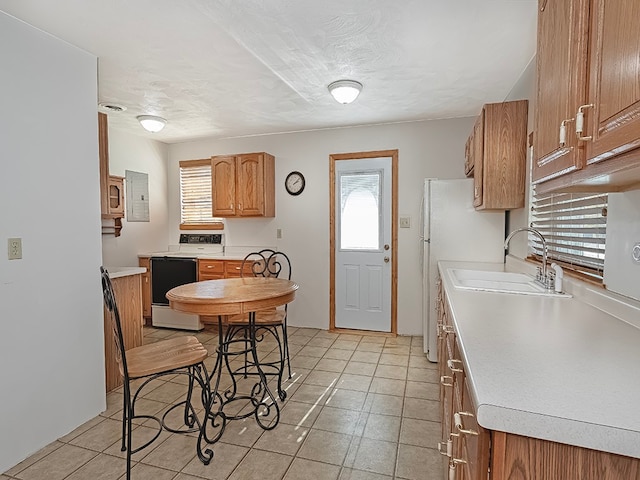 kitchen featuring white appliances, light tile patterned flooring, electric panel, and sink