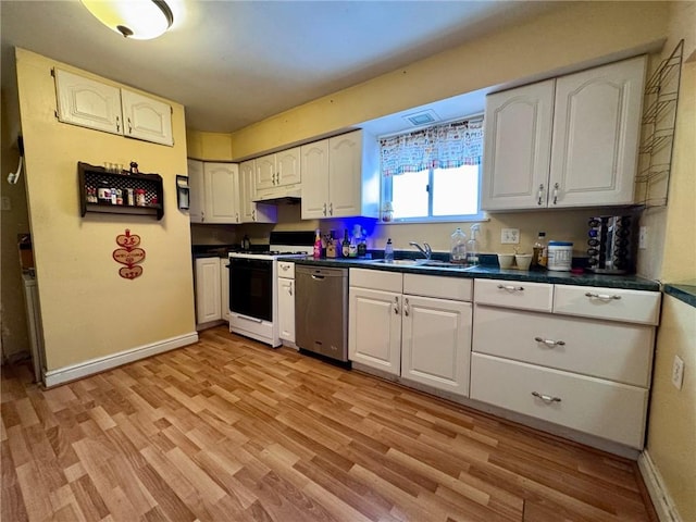 kitchen featuring stainless steel dishwasher, sink, white cabinets, and white gas range oven