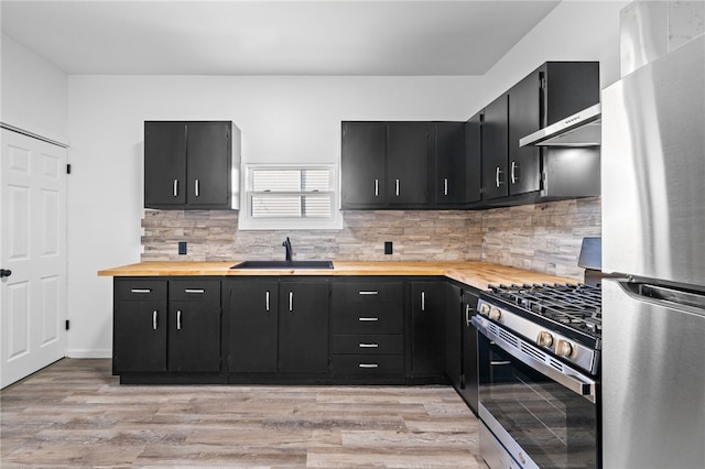 kitchen featuring appliances with stainless steel finishes, sink, backsplash, light hardwood / wood-style floors, and wooden counters