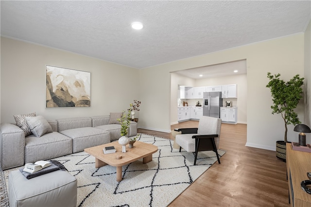 living room featuring a textured ceiling and light wood-type flooring