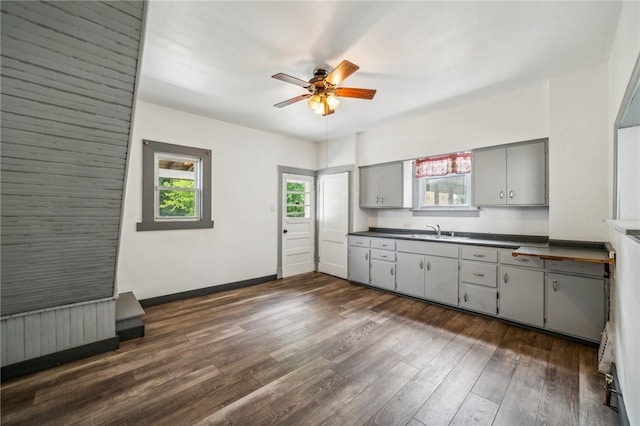 kitchen featuring gray cabinets, sink, dark wood-type flooring, and ceiling fan