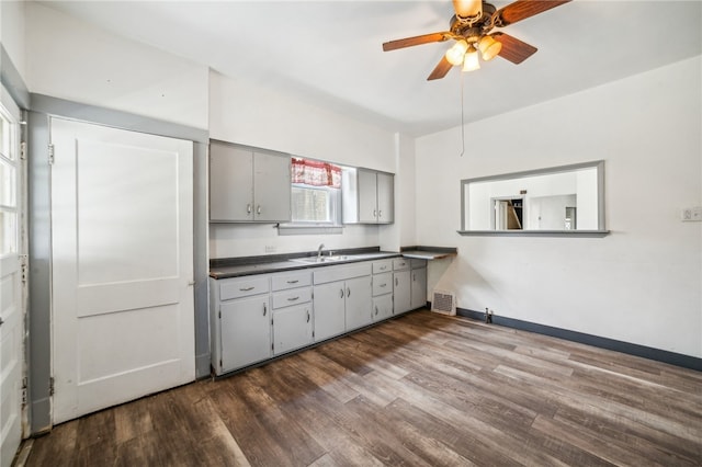 kitchen with dark hardwood / wood-style floors, ceiling fan, sink, and gray cabinetry