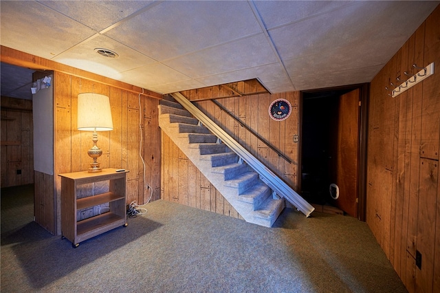 basement featuring carpet floors and wooden walls