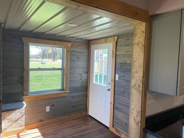 doorway to outside with a wealth of natural light, hardwood / wood-style flooring, and wood walls