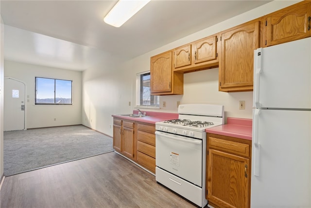 kitchen with white appliances, light hardwood / wood-style floors, and sink