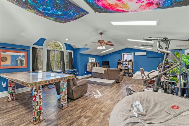 101 Fieldbrook Dr, Peters Twp, PA 15317 - game room with vaulted ceiling, baseboards, wood finished floors, ceiling fan, and an AC wall unit
