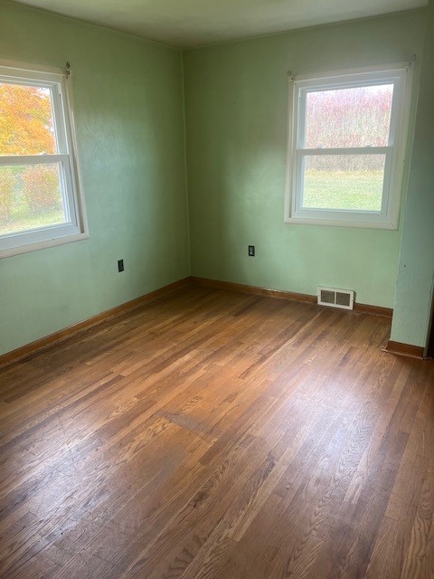 unfurnished room featuring wood-type flooring and a healthy amount of sunlight