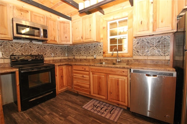 kitchen with dark hardwood / wood-style floors, beamed ceiling, backsplash, sink, and appliances with stainless steel finishes