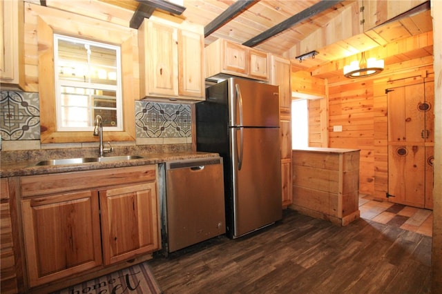 kitchen with tasteful backsplash, dark wood-type flooring, sink, wooden walls, and stainless steel appliances