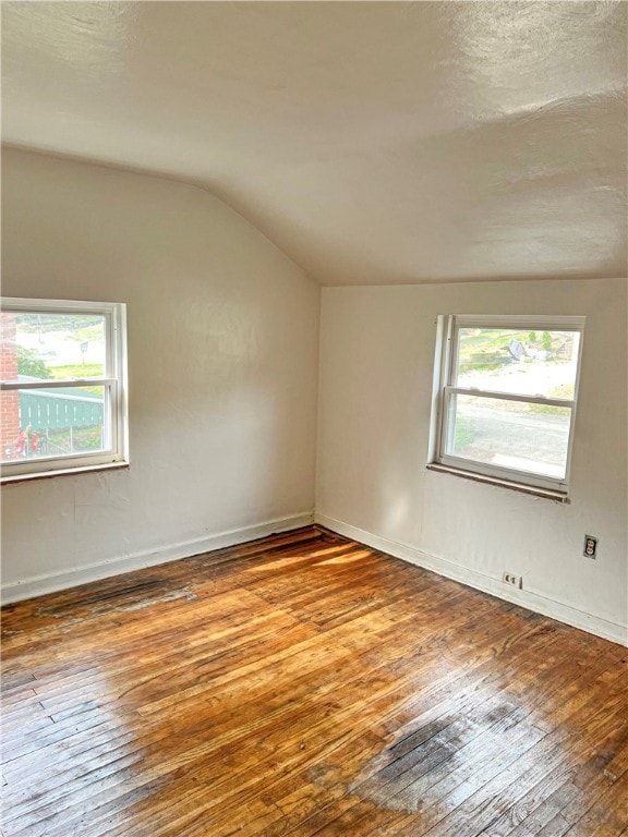 empty room with lofted ceiling, wood-type flooring, and plenty of natural light