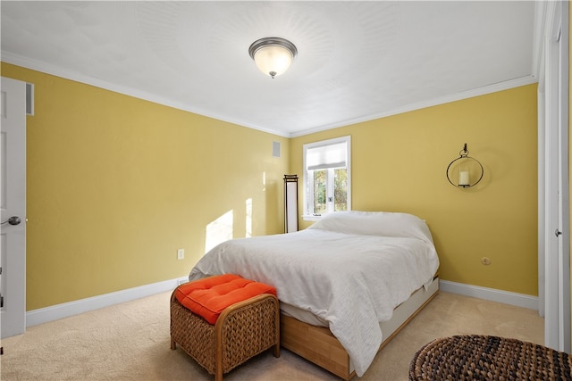 bedroom featuring light carpet and crown molding