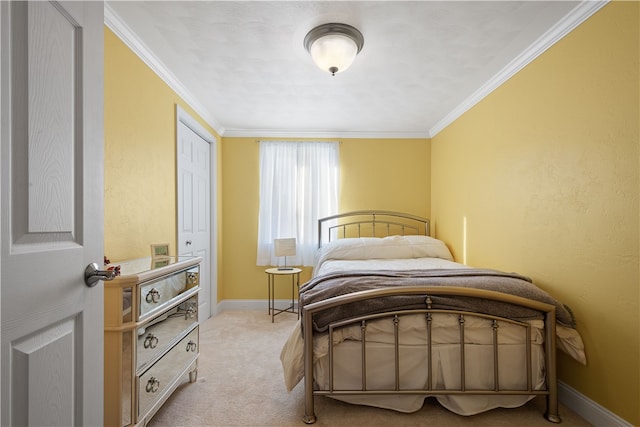 bedroom with light colored carpet and ornamental molding